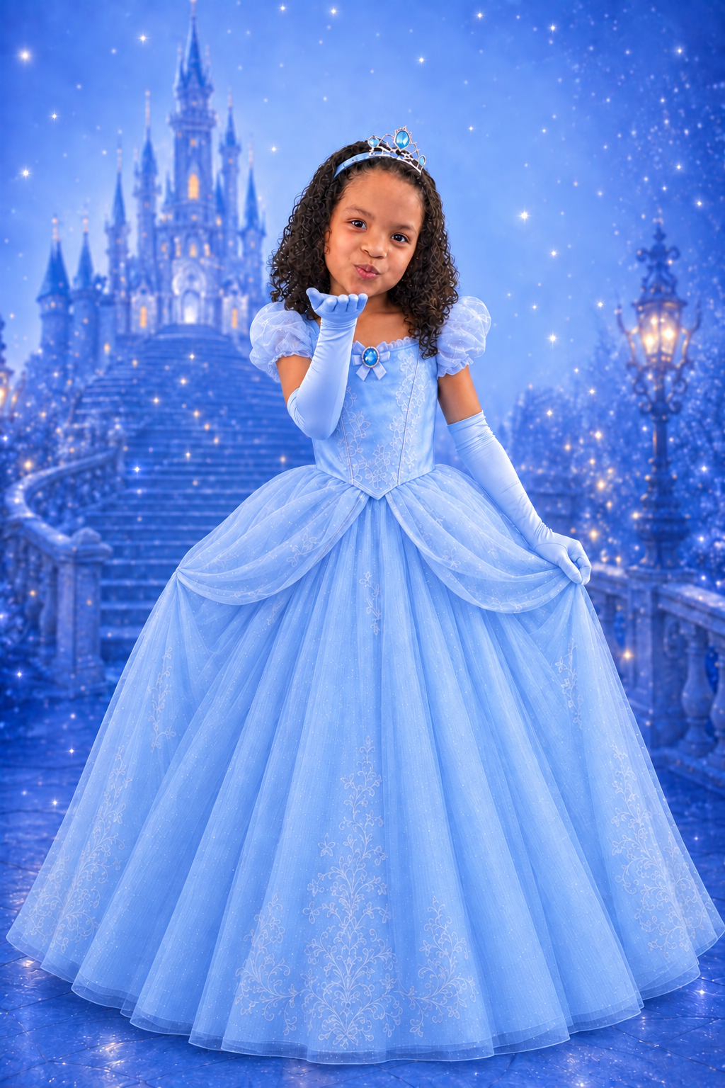 Camilly com vestido azul de princesa mandando um beijo