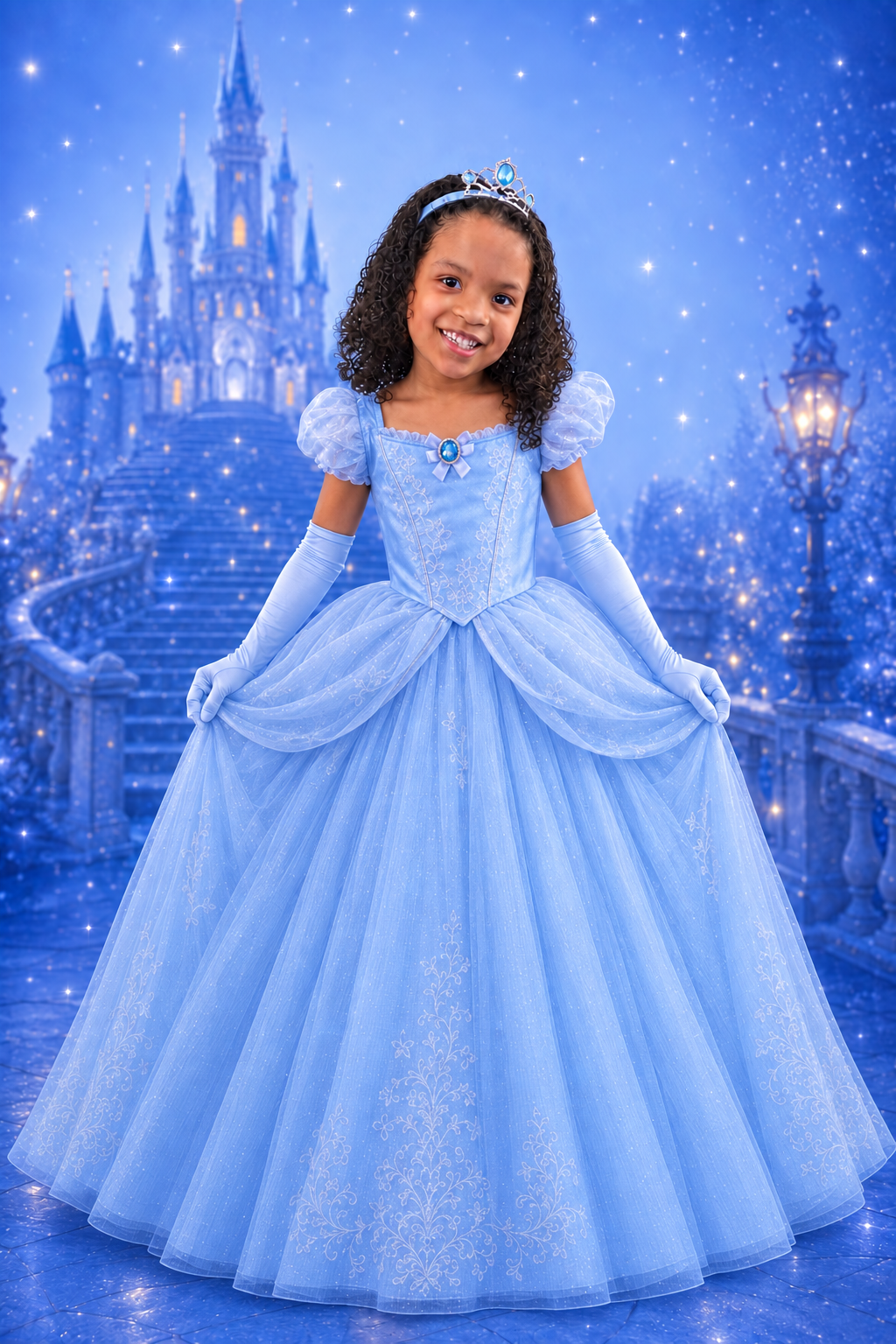 Camilly de corpo inteiro com vestido azul de princesa