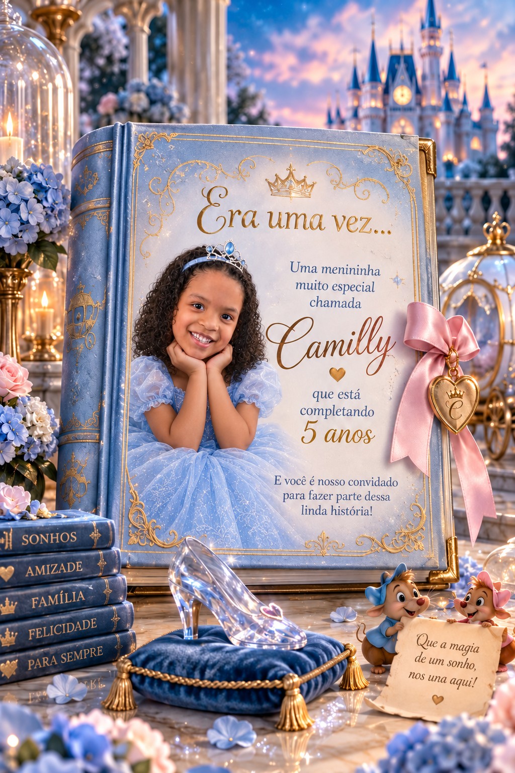 Livro encantado azul da Camilly com sapatinho de cristal